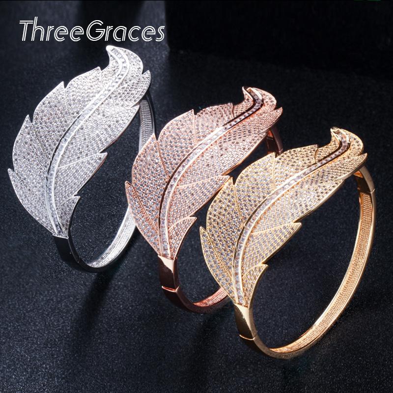 

Bangle Threegraces Fashion Rose Gold Leaf Shape Large Micro Pave Cubic Zirconia Luxury Open Cuff For Women Party BA043, Black