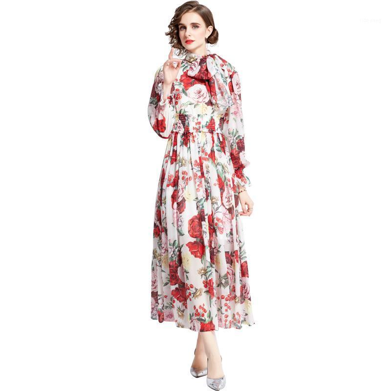 

Casual Dresses Runway Fashion Bow Collar Flower Print Chiffon Maxi Dress For Autumn Women Clothes Elegant Bohemian Holiday Robe Party Vestid, Orange