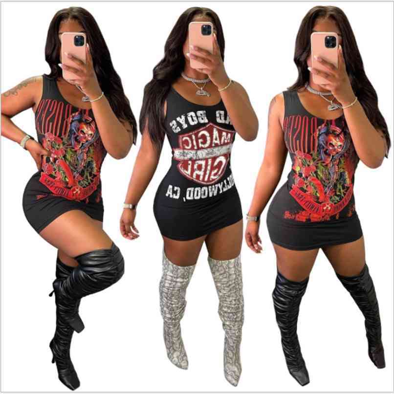 

Halter Skinny Print Women Mini Dresses Casual Streetwear Rework Camisole Sexy Party Wear Female Tank Top Fashion Dress 210525, Black