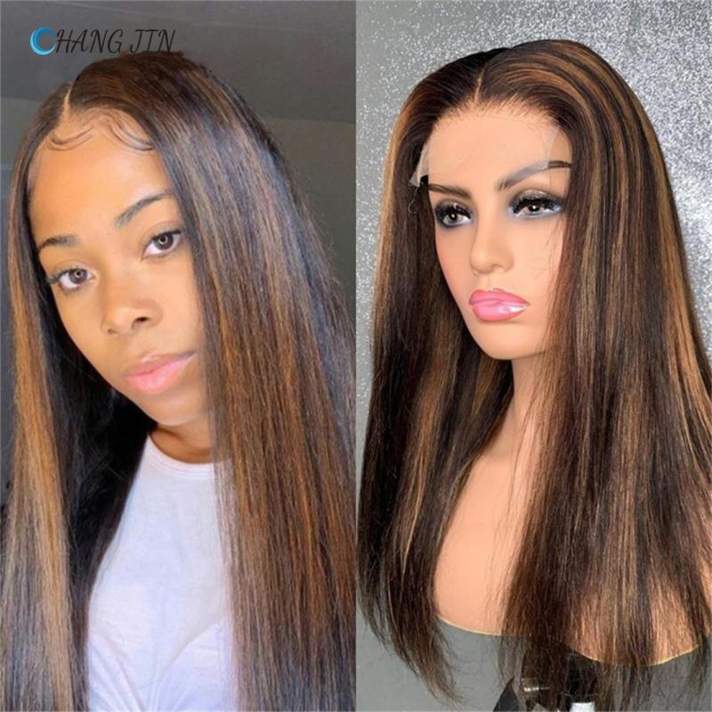 

Lace Wigs Highlight Brown Color 13X4 Front Human Hair Straight Remy Brazilian Pre Plucked For Women, Black;brown