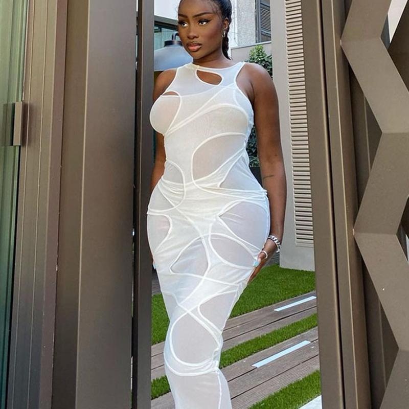 

Casual Dresses Unaiza 2021 Sleeveless O-Neck Solid Patchwork Mesh Maxi Dress Autumn Winter Women Fashion Sexy Party Club Elegant Clthings, White