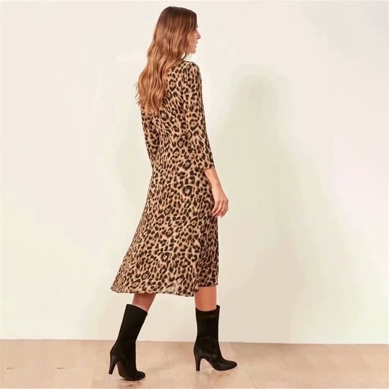 

Summer V-Neck A-Line Leopard Pullover Casual Women Mid-calf Dress 210524, Mixed color