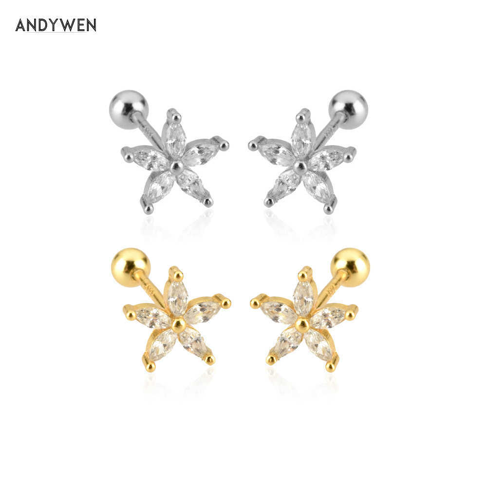 

ANDYWEN 925 Sterling Silver Clear Zircon Five Ovals Flower Stud Earring Piercing Pendiente Tiny Wedding Crystal Rock Punk 210608