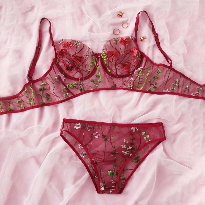

bras sets lady girl two pieces est fashion women lace mesh embroidery floral lingerie set underwear, Red;black