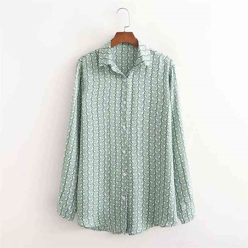 

Spring fashion shirt heart printed loose long sleeve single-breasted Casual women blouse 210524, Green