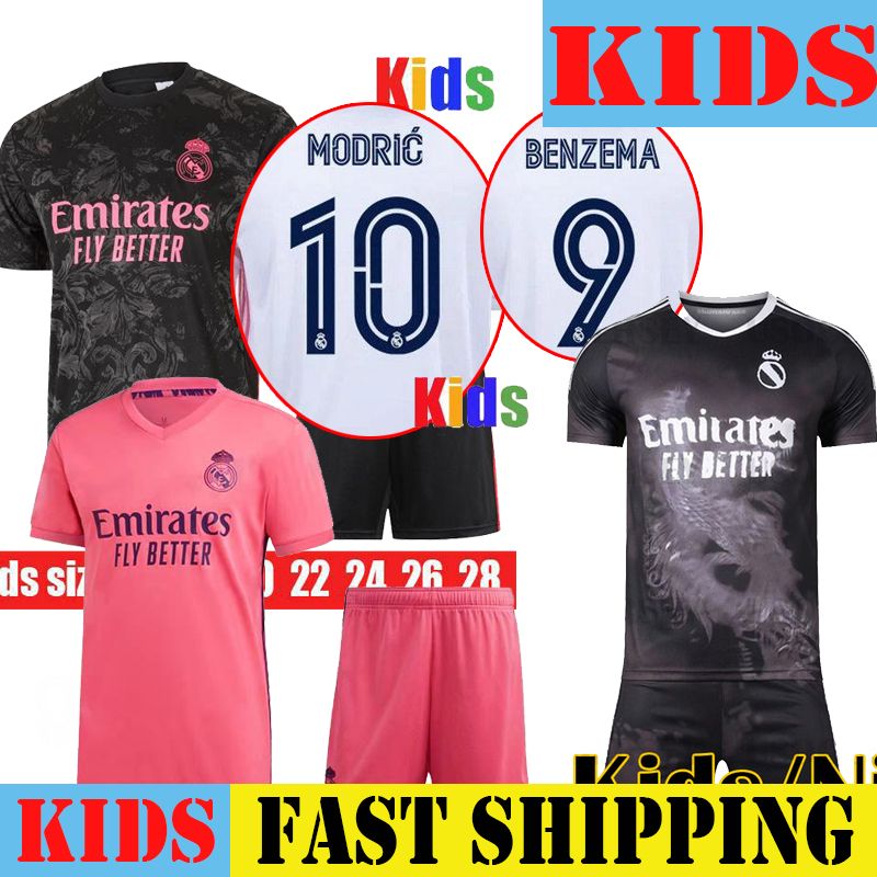 

KIDS KIT REAL MADRID jerseys 20 21 soccer jersey wholesale camiseta football shirt uniforms child 2021 fans version 9 BENZEMA 10 MODRIC, Black;yellow
