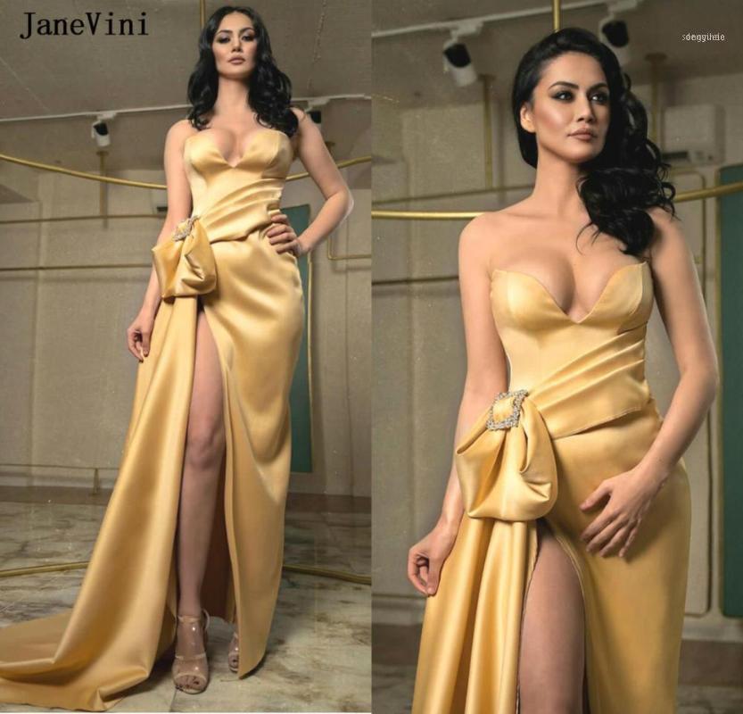 

Party Dresses JaneVini Sexy Light Gold A Line Evening 2021 Strapless High Split Satin Sweep Train Formal Gowns Plus Size1, Red