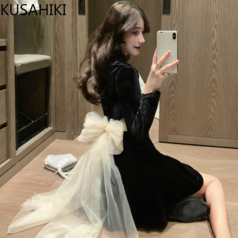 

Velour Dresses Sexy Halter V-neck Women Dress Elegant Mesh Patchwork Bow Tie Slim Waist Vestidos Femme 6E277 210603, Black