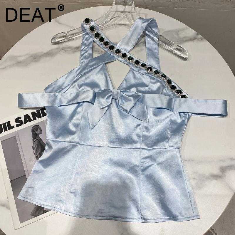 

DEAT Women Bow Beaded Sling Camis Arrivals Sexy Backless Temperament Fashion Spring Summer 11D1383 210709, Blue