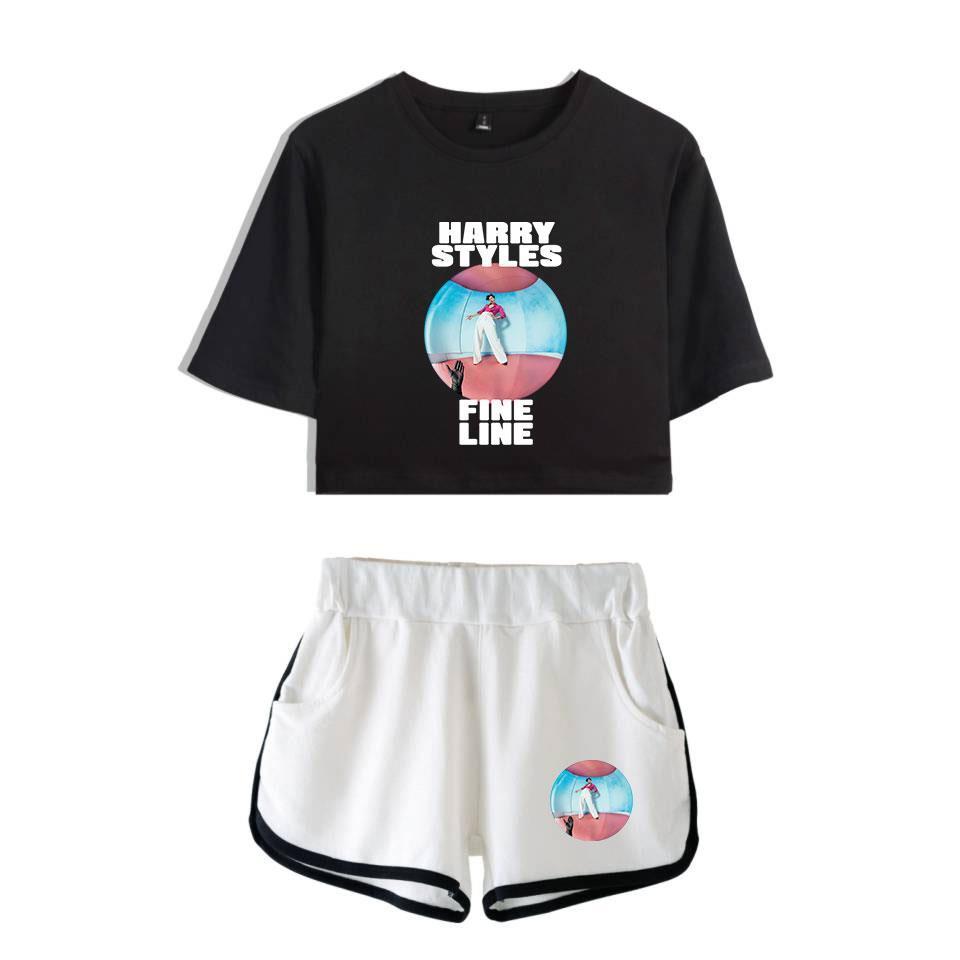 

harrys styles fine line two womenpant piece set summer cotton printed t shirt woman suit shorts fashion top, White