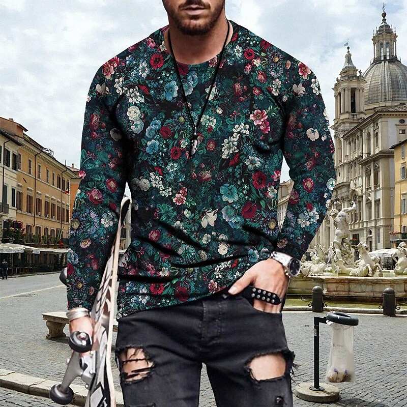 T-shirt Hommes 3D Imprimer Floral Graphic Crasse Coucher Casual Printer quotidien Toile à manches longues Streetwear Casual Streetwear Gros et gr