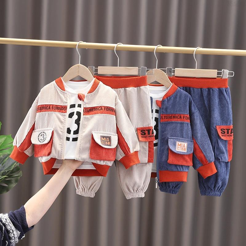 

Clothing Sets Children Boys Set Handsome Workwear Sports Kids Coats Suit Corduroy Jacket+tshirts+Pants 3pcs Baby Clothes, Camel