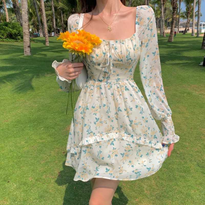 

Spring Woman Lady Fashion Sweet Flowers Puff Long Sleeve Casual Sexy Party Dress Female Mini 210526, Photo color