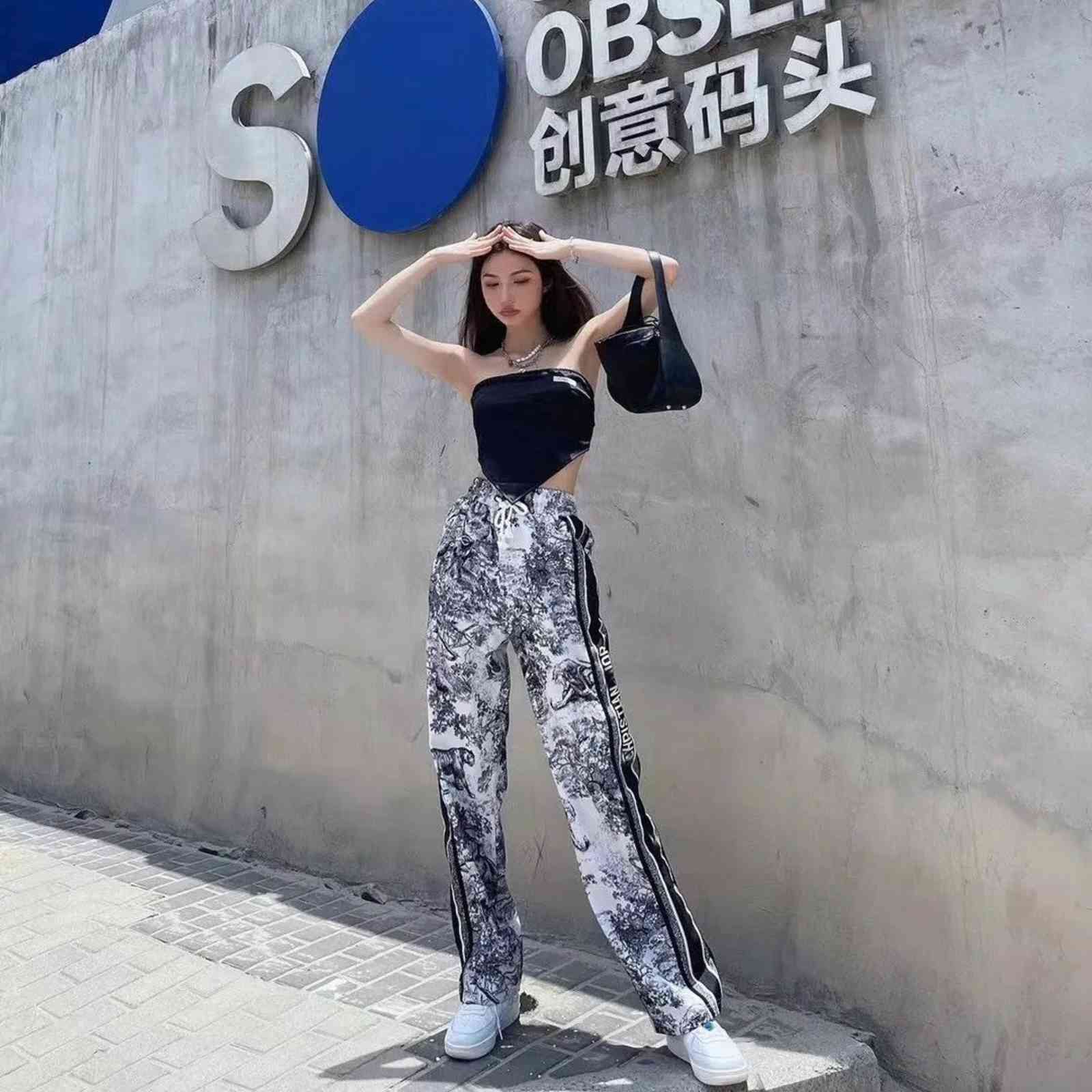 

Design clothing Ink painting jungle animal printing casual women's 21 summer new elastic high waist loose wide leg pants, Picture color