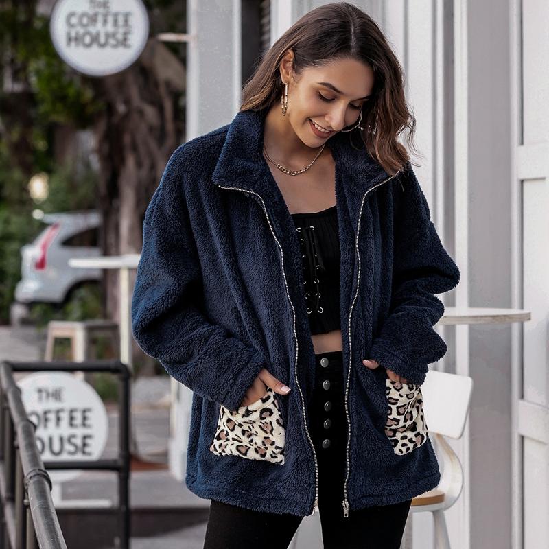

Women' Casual Loose Leopard Jacket Plush Coat Women Winter Jackets Fluffy Female Warm Artificial Fleece Plus Size Coats Wool & Blends, Royal blue