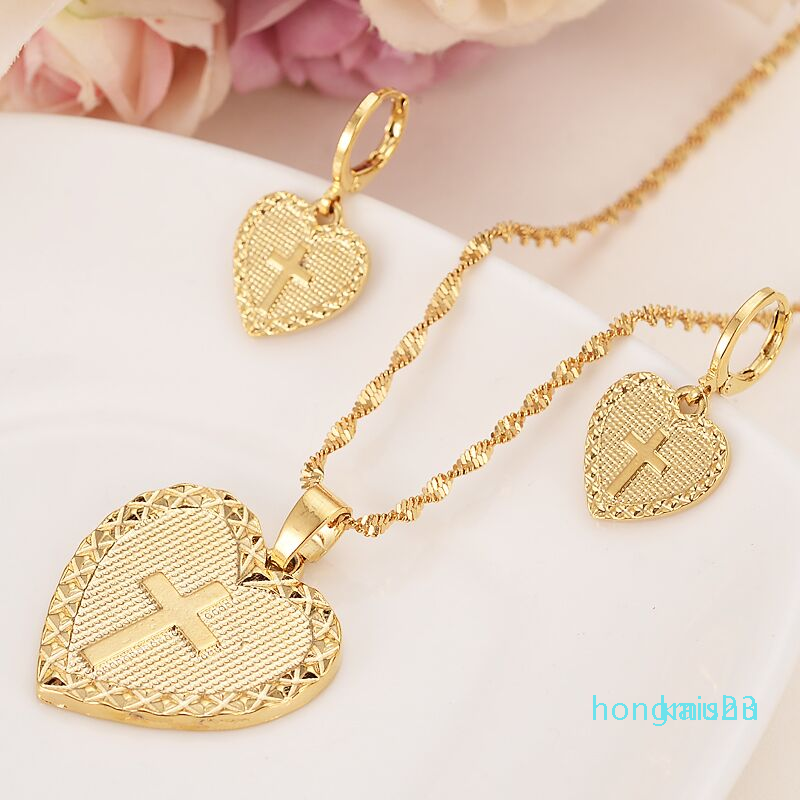 

Heart cross Jewelry sets Classical Necklaces Earrings Set 14 K Yellow Solid Gold FINISH Arab/Africa Wedding Bride's Dowry, As described