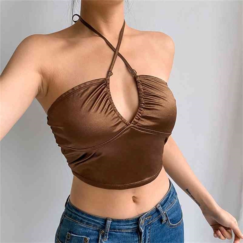 

YICIYA Drawstring Halter Brown Tank Top Sexy Party Backless Satin Crop Top Y2K Patchwork Off Shoulder Cut Out Summer 210616