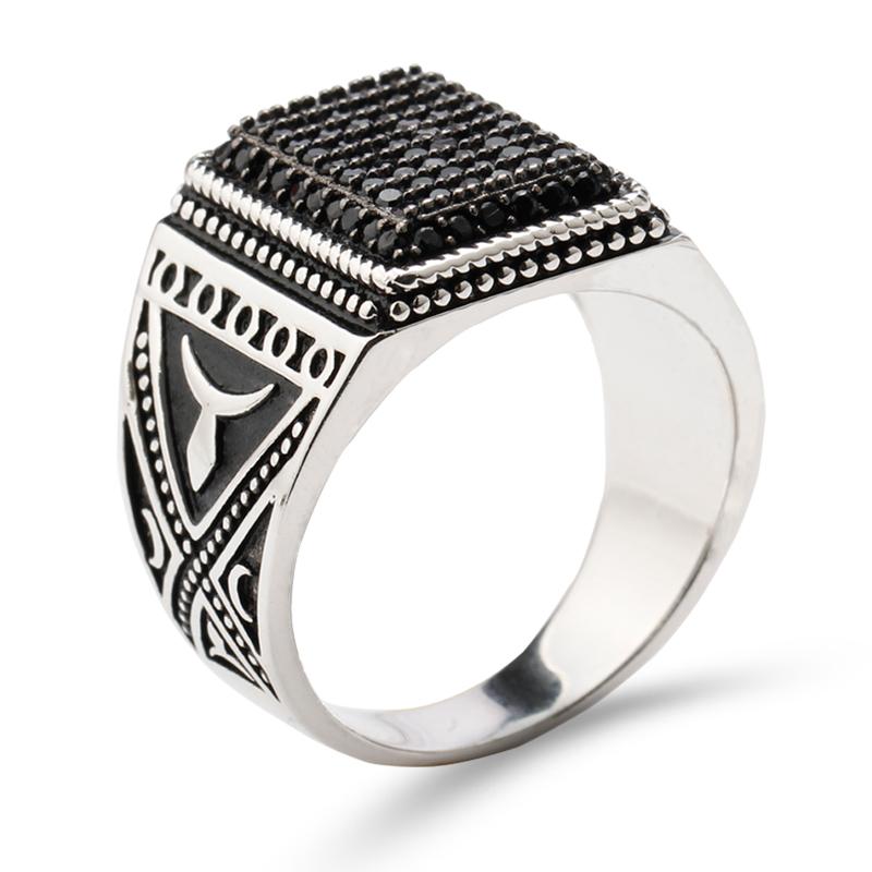 

Cluster Rings Punk 925 Sterling Silver Signet Ring Rectangle Shape Pave Setting Black Zircon Stone For Men Fine Jewelry