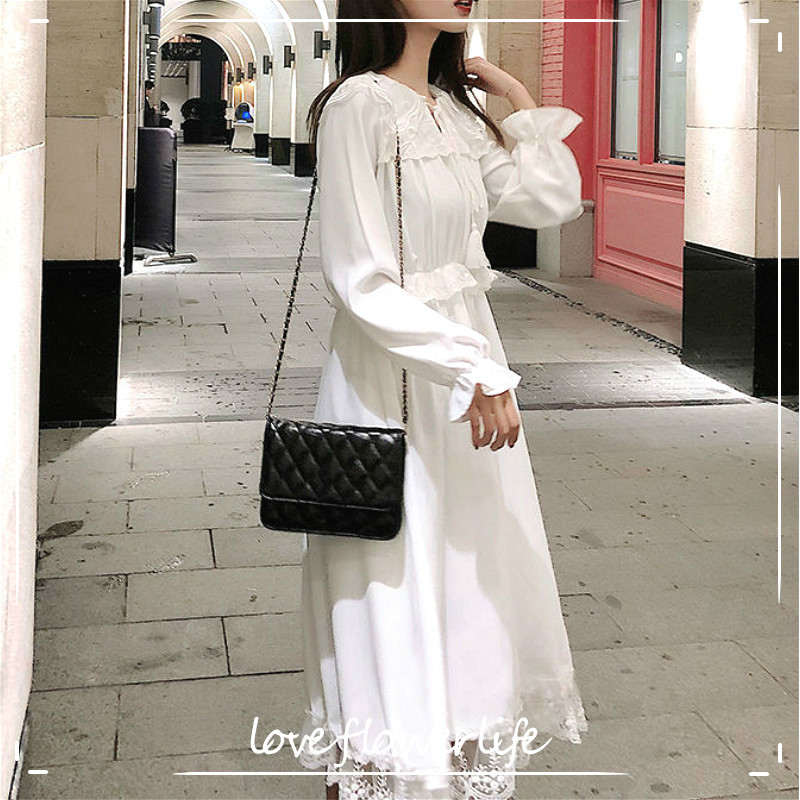 

French Fairy White Dress Women Elegant Vintage Long Sleeve Party Dress Peter Pan Collar Bow Dress Korean Autumn 210521, Short sleeve