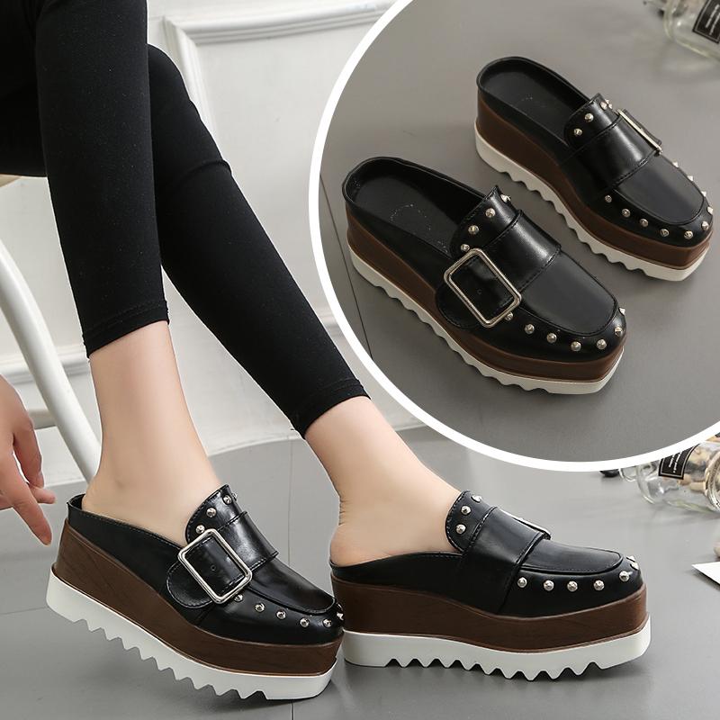 

Summer Women Sandals Fashion Rivet Buckle Slipper Indoor Outdoor Flip-flops Beach Shoes Platform Thick Wegdes Female Slippers, Black