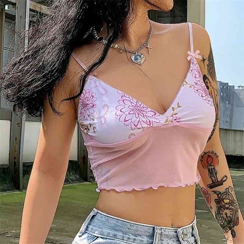 

Floral Printed Lace Cami Y2K Crop Top Sexy Women Summer Transparent Mesh Patched Spaghetti Strap V Neck Pink Sleeveless Vest 210518, Pink camis
