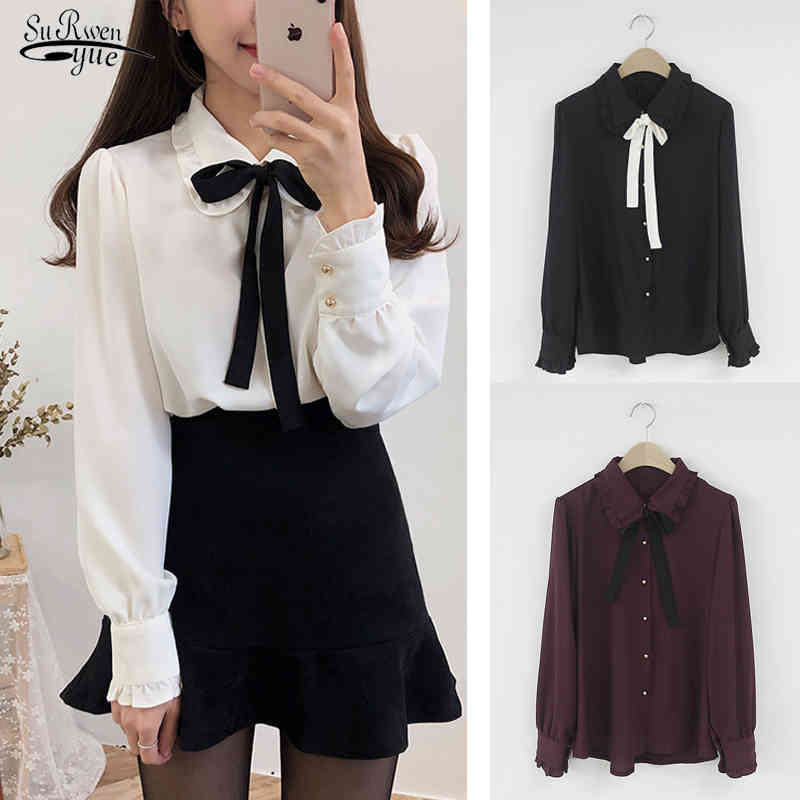 

Spring Long-Sleeved Chiffon Shirt Women Office Cardigan Puff Sleeve Crop Top Women Korean Loose Plus Size Blouse Women 9820 210518, Black