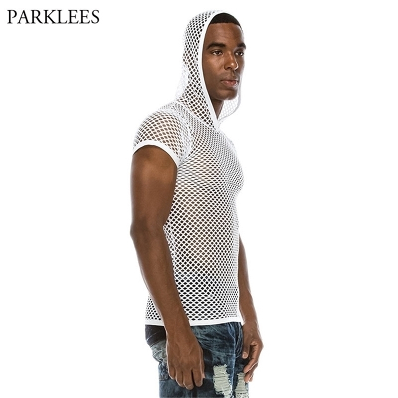 

Men' Sexy Mesh See Through Hooded Shirt Fashion Short Sleeve Fishnet Hoodies Shirts Men Hipster Nightclub Wear -shirt 210716, White vest