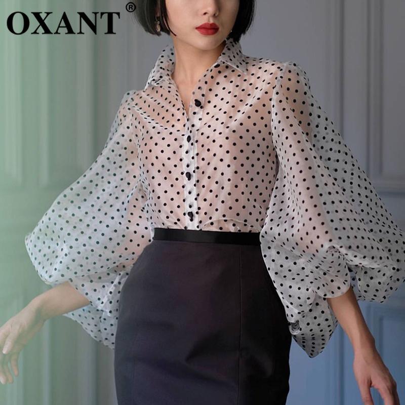 

Women' Blouses & Shirts OXANT Dot Shirt Female Lapel Collar Lantern Sleeve Plus Size Vintage Blouse For Women Spring Summer 2021 Fashion To, Black shirt