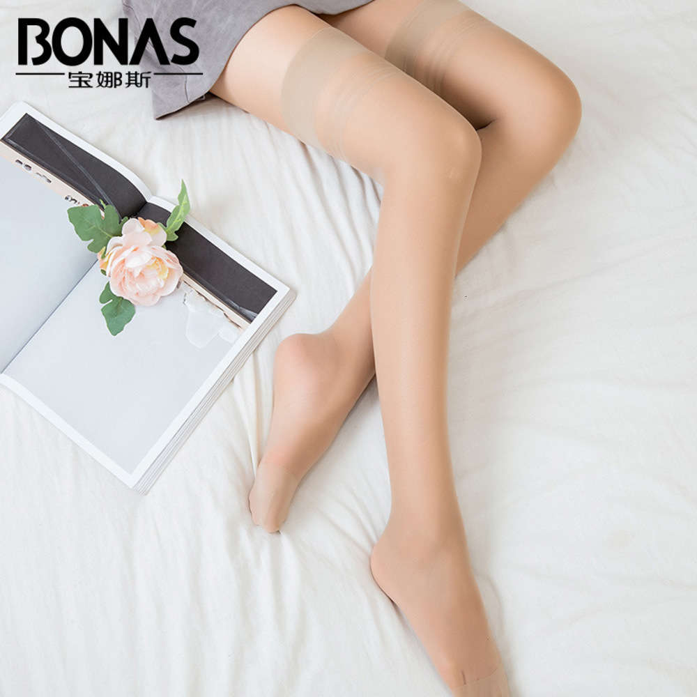 

Bonas half silk stockings women's thin solid summer medium length bottom over knee anti slip meat color invisible, Black;white