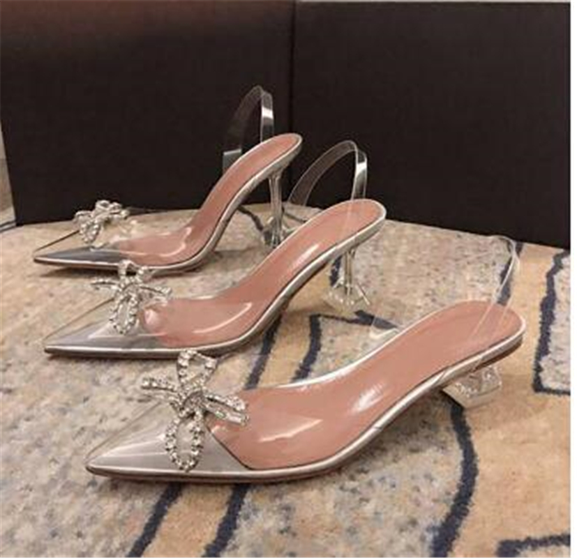 

Amina Muaddi crystal sexy women transparent dress shoes Limited edition 7cm 10cm High heel business party shoe comfort Beading Buckle Ribbons Rivets