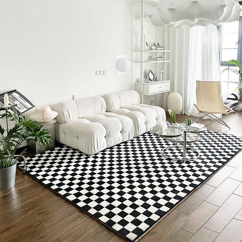 

Carpets Modern Style Black And White Plaid Fleece Fabric Geometric Art Area Rug , INS Decoration Coffee Table Floor Mat