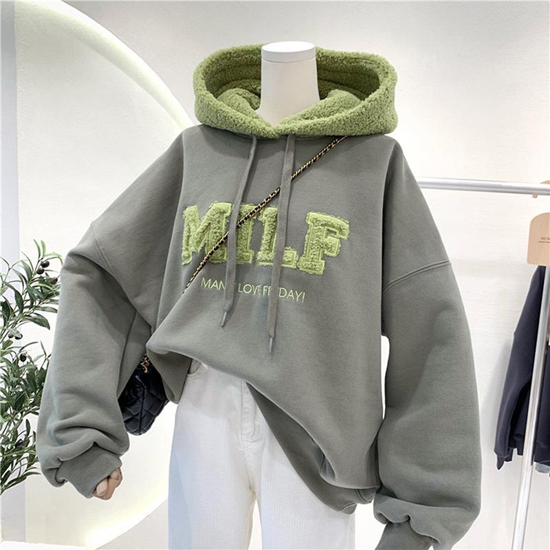 

Women's Hoodies & Sweatshirts Fashion Patchwork Sweatshirt Women Winter Casual Loose Cotton Thick Letter Long Sleeve Female Streetwear, Black