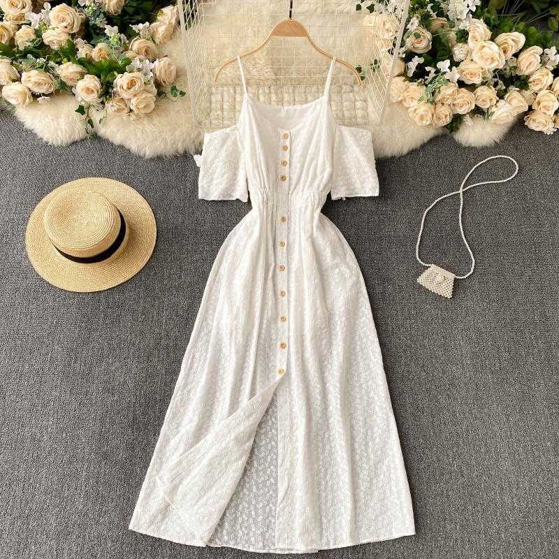 

DEAT Women Hollow Out Off Shoulder Single Breasted Suspender Dress Square Collar Slim Midi Fashion Spring Summer 11B713 210709, Pink