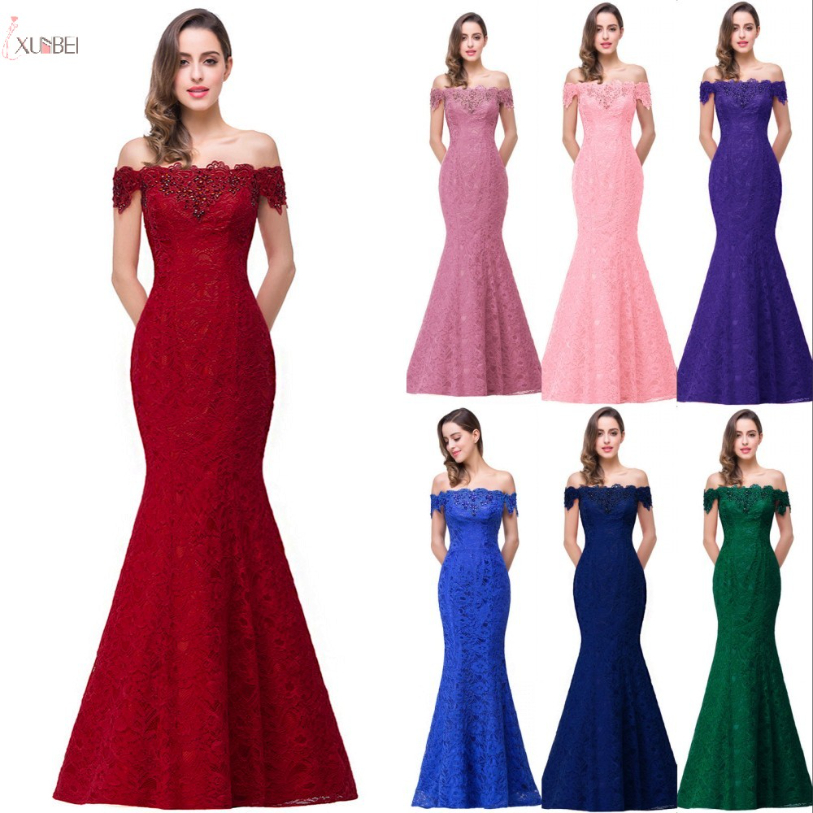 

In Stock Burgundy Lace Mermaid Long Bridesmaid Dresses Off The Shoulder Beading Wedding Party Gown CPS199