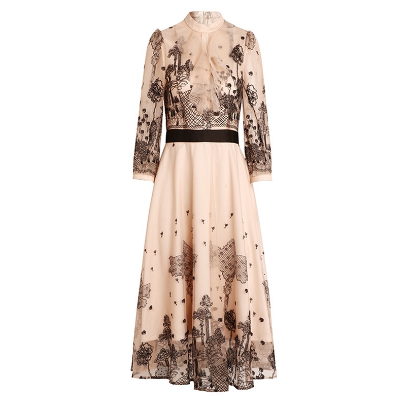 

Spring Women Elegant Luxury Embroidery Mesh Dress Femme Vintage Designer Ruffles High Waist Slim Party Vestidos 210519, Photo color