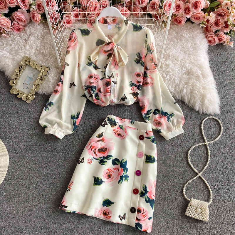 

Spring Print Two Piece Set O Neck Lace Up Bow Long Sleeve Chiffon Shirt High Waist Skirt Slim Outfits ML749 210525, Beige