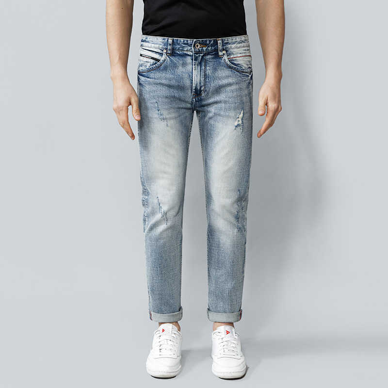 

Italian Style Fashion Men Jeans High Quality Retro Blue Slim Fit Ripped Vintage Designer Redline Destroyed Denim Pants, Retro light blue