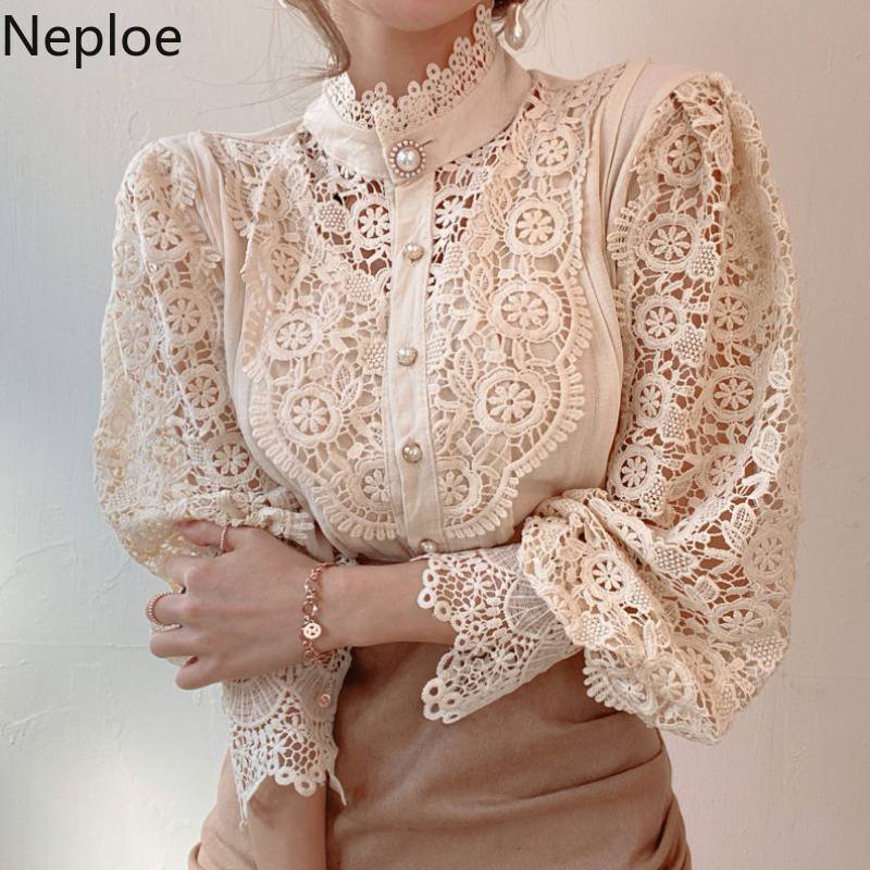Neploe Vintage Korean Shirts Tops Stand Neck Lace Crochet Floral Patchwork Blouses Women Puff Sleeve Hollow Out Blouse Blusas 210422