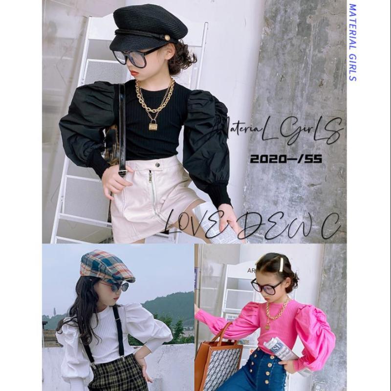 

T-shirts Children Puff Long Sleeve T-shirt 2021 Spring Autumn Tops Girls Fashion Cotton Kids Tees 4-14Y Ws1791, Blue