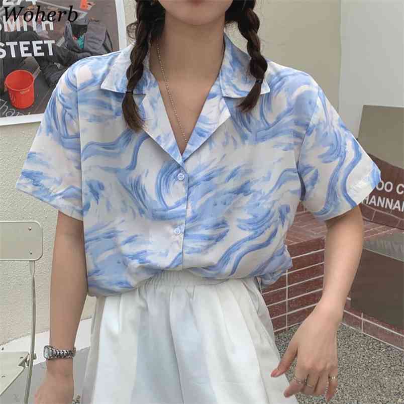 

Notched Shirt Women Summer Vintage Oil Painting Print Loose Blouses Korean Fashion Short Sleeve Single Breasted Tops 210519, Blue