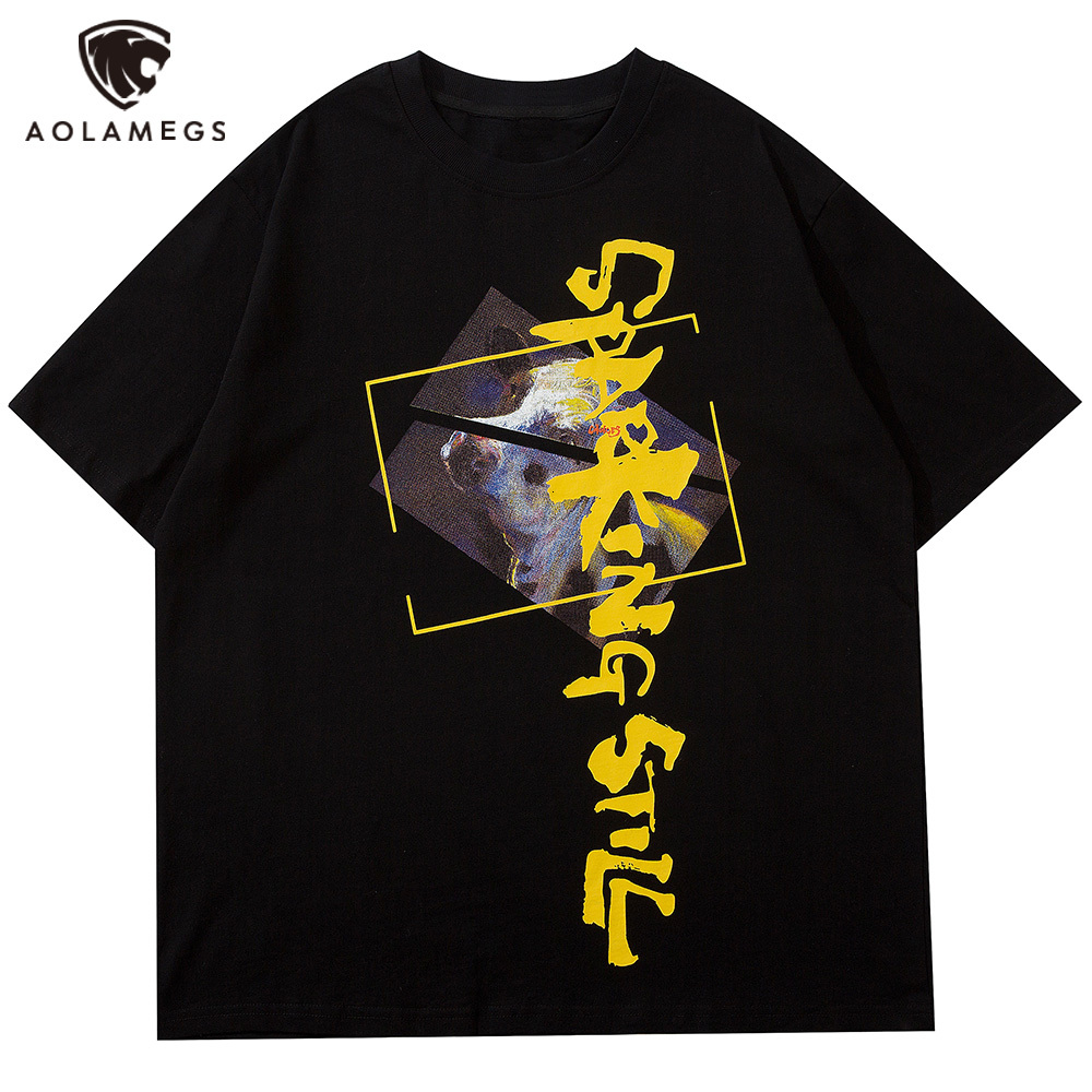 

Men's Polos Aolamegs animal male shirt hip hop printed letter oversized t-shirt men will see casual harajuku high street streetwear tops, Gray