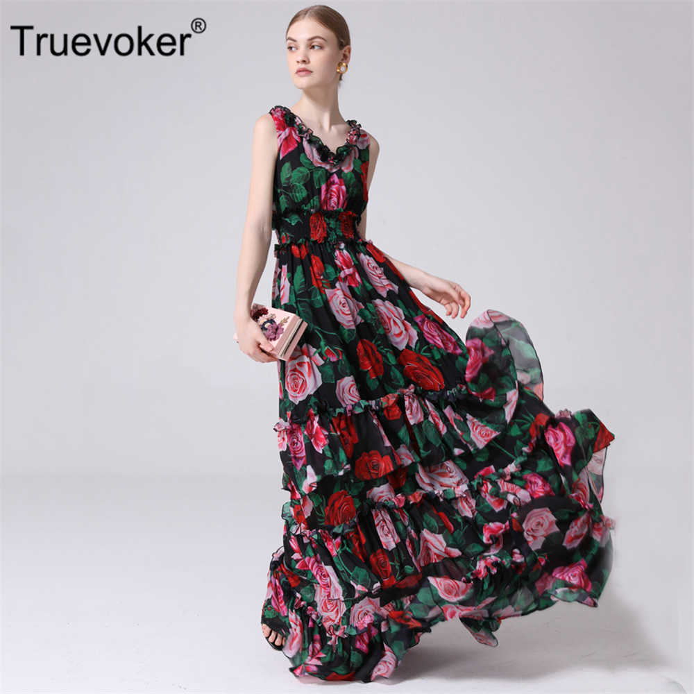 

Truevoker Summer Designer Maxi Party Dresse' High Quality Multicolor Floral Ruffle Layer Ankle Length Vestidos 210602, Blue
