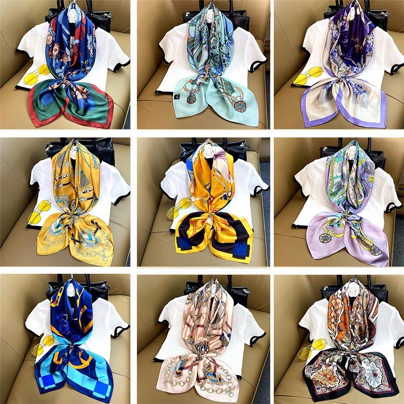 

Scarves 2021 Woman Silk Scarf 90-90cm Big Kerchief Beach Towel Thin Fashion Lady Accessory Protection From The Sun Wraps