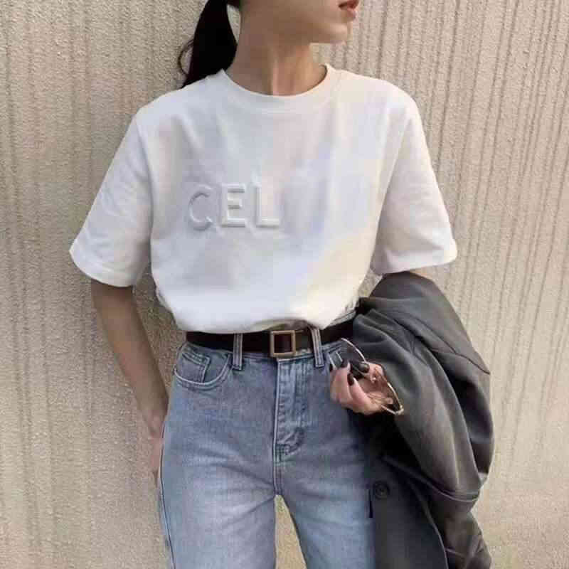 

2022 Factory Wholesale New 21 year spring and summer fashion couple cel + simple steel lettered casual loose round neck short sleeve T-shirt, Black