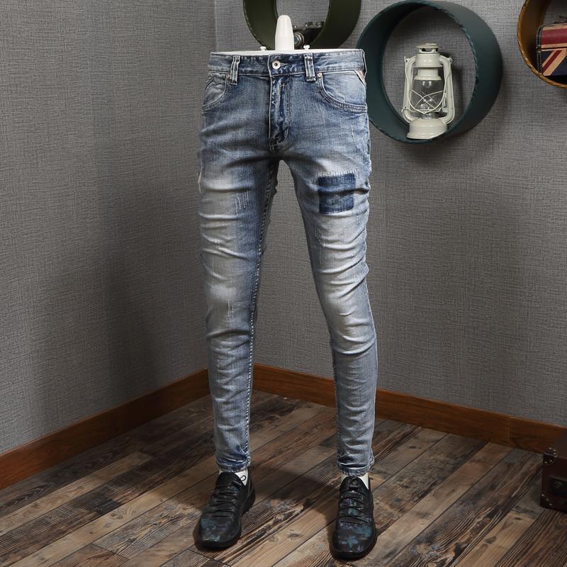 

Men's Jeans Italian Style Fashion Men High Quality Retro Blue Slim Fit Ripped For Vintage Designer Casual Cotton Denim Pants