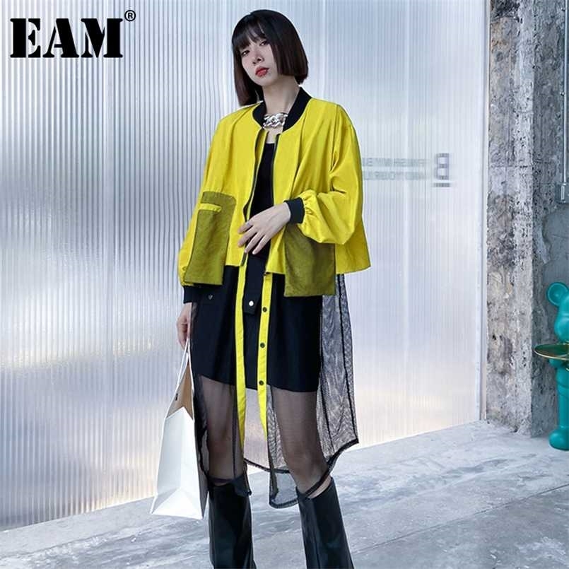 

[EAM] Loose Fit Yellow Hem Mesh Big Size Jacket Stand Collar Long Sleeve Women Coat Fashion Spring Autumn 1DE1813 211029, Black