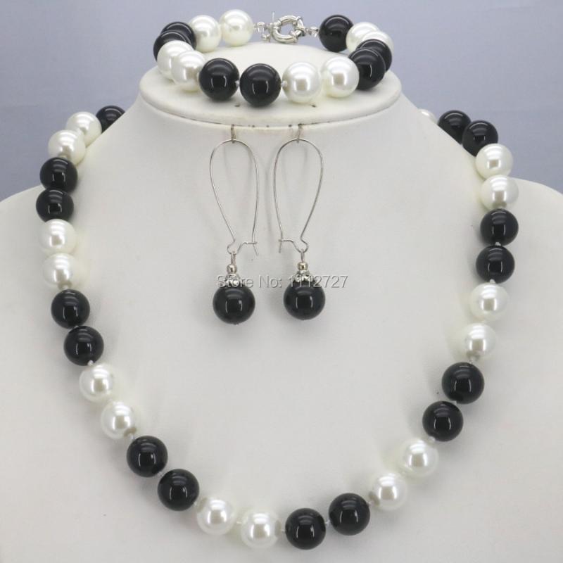 

Earrings & Necklace Christmas Gift Girls 10mm White&Black Glass Pearl Beads Bracelet Sets Jewelry Making Design For Women, As pic