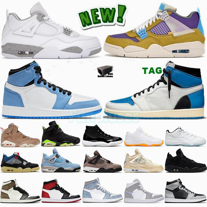

4 4s Mens Basketball Shoes Jumpman Tech White Oreo Back Cat Sail 1 1s University Blue Hyper Royal Wolf Grey Mocha 6 6s UNC 11 11s Womens Trainers Sports Sneakers Size 13
