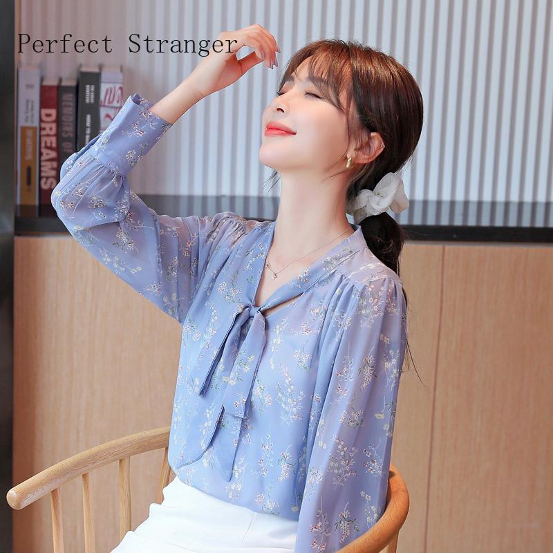 

Autumn Arrival Bow Collar Long Sleeve Printed Women Chiffon Blouse High Quality Women's Blouses & Shirts, White