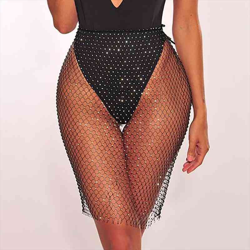 

rhinestone sequin fishnet mini women skirts beach summer elastic see through diamond mesh party nightclub, Black
